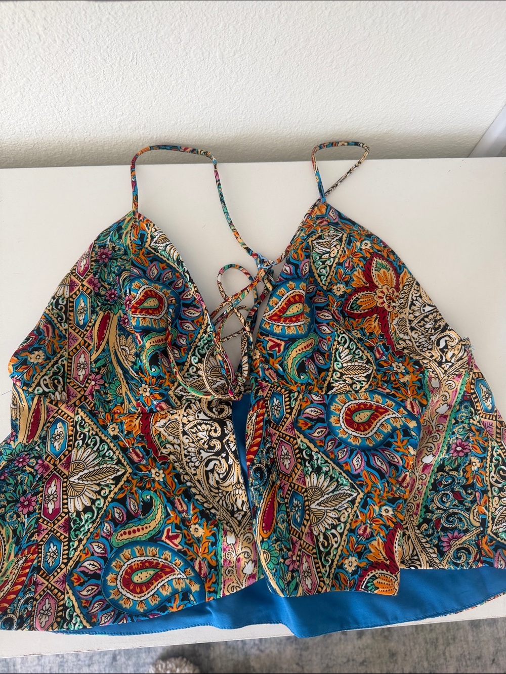 superdown Paisley Lace-Up Camisole — Teal, Orange & Pink